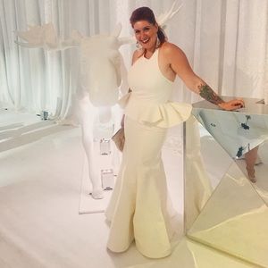 HALSTON White peplum trumpet evening/ wedding gown